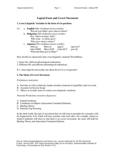 Advanced Syntax: Lecture Notes