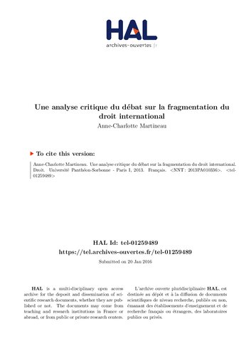 Une analyse critique du débat sur la fragmentation du droit international. Thèse pour l’obtention du titre de Docteur en droit