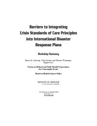 Barriers to Integrating Crisis Standards of Care Principles into International Disaster Response Plans: Workshop Summary