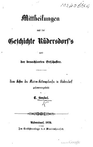 Mitteilungen aus der Geschichte Rüdersdorfs und der benachbarten Ortschaften