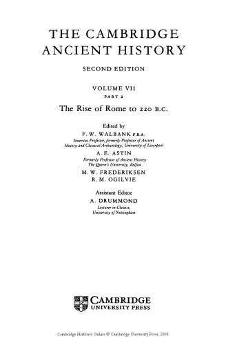 The Cambridge Ancient History Volume 7, Part 2: The Rise of Rome to 220 BC