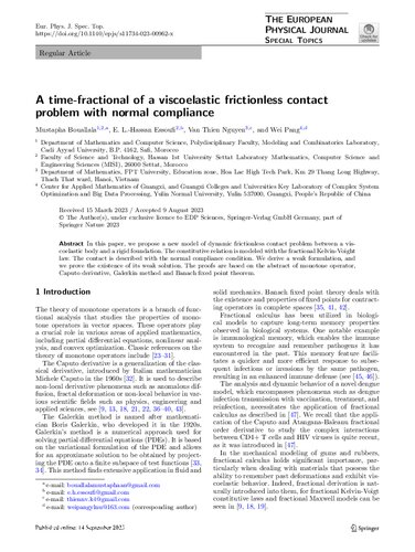 A time-fractional of a viscoelastic frictionless contact problem with normal compliance