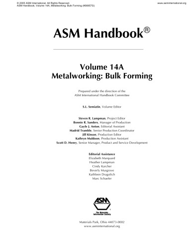 Asm Handbook: Volume 14A: Metalworking : Bulk Forming (ASM Handbook)