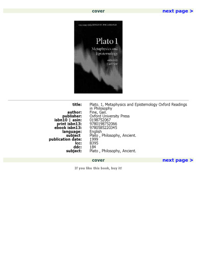 Plato 1: Metaphysics and Epistemology (Oxford Readings in Philosophy) (Vol 1)