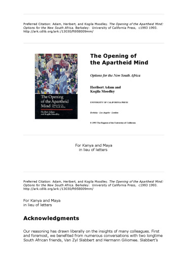 The Opening of the Apartheid Mind: Options for the New South Africa (Perspectives on Southern Africa)