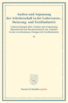 Auslese und Anpassung der Arbeiterschaft in der Lederwaren-, Steinzeug- und Textilindustrie: Untersuchungen über Auslese und Anpassung (Berufswahl und Berufsschicksal) der Arbeiter in den verschiedenen Zweigen der Großindustrie. Dritter Band, dritter Teil. (Schriften des Vereins für Socialpolitik 135/III)