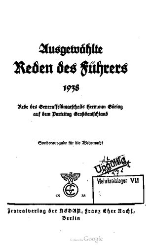 Ausgewählte Reden des Führers 1938