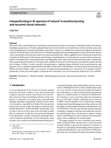 Interperforming in AI: question of ‘natural’ in machine learning and recurrent neural networks