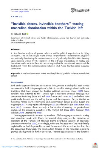 “Invisible sisters, invincible brothers:” tracing masculine domination within the Turkish left