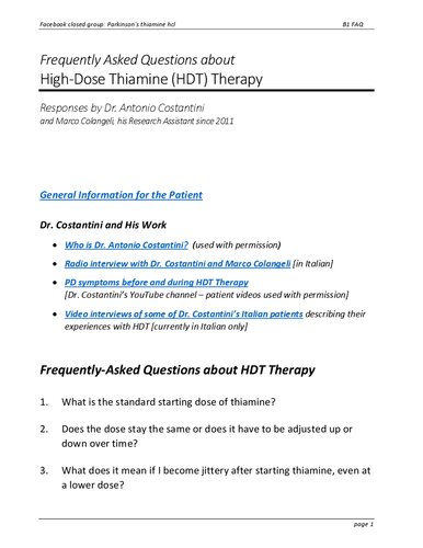 Dr Antonio Costantini High Dose Vitamin B1 (Thiamine Thiamin 1000 mg x 4 times per day) Therapy for Parkinson Disease Derrick Lonsdale