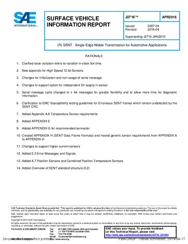 SENT - Single Edge Nibble Transmission for Automotive Applications J2716 2016-04