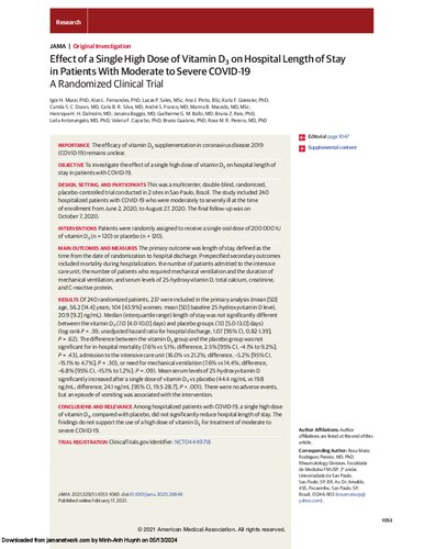 Effect of a Single High Dose of Vitamin D3 on Hospital Length of Stay in Patients With Moderate to Severe COVID-19 A Randomized Clinical Trial