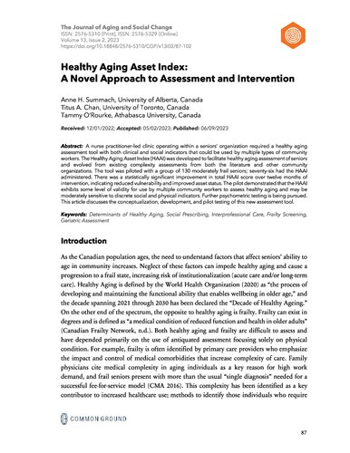 Healthy Aging Asset Index: A Novel Approach to Assessment and Intervention