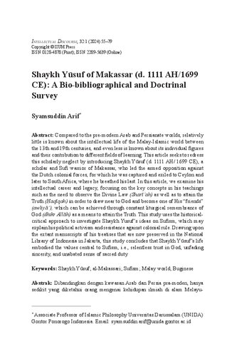 Intellectual Discourse 
Shaykh Yusuf of Makassar (d. 1111 AH/1699 CE): A Bio-bibliographical and Doctrinal Survey