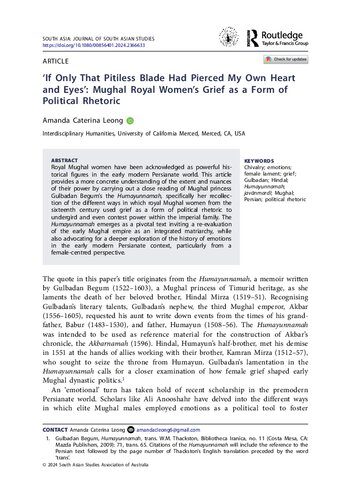 ‘If Only That Pitiless Blade Had Pierced My Own Heart and Eyes’: Mughal Royal Women’s Grief as a Form of Political Rhetoric