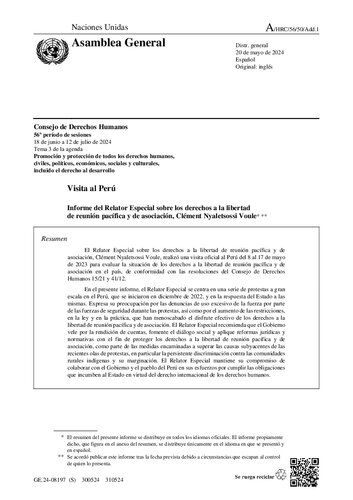 Visita al Perú. Informe del Relator Especial sobre los derechos a la libertad de reunión pacífica y de asociación