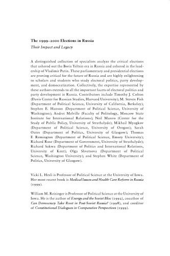 The 1999-2000 Elections in Russia: Their Impact and Legacy