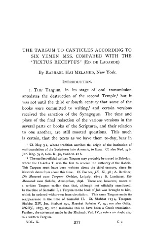 The Targum to Canticles According to Six Yemen MSS. Compared with the 'Textus Receptus' (ed. de Lagarde)