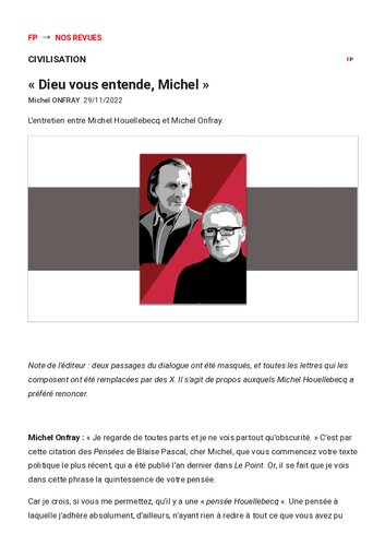 Front Populaire 
Dieu vous entende, Michel - L'entretien entre Michel Houellebecq et Michel Onfray