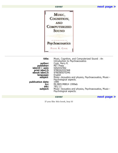 Music, Cognition, and Computerized Sound: An Introduction to Psychoacoustics