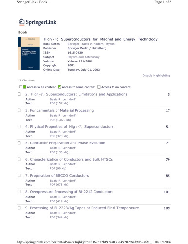 High-Tc Superconductors for Magnet and Energy Technology: Fundamental Aspects (Springer Tracts in Modern Physics)