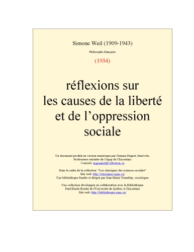 Reflexions sur les causes de la liberte et de l’oppression sociale