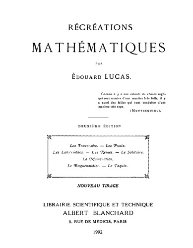 Recreations mathematiques, tome 1