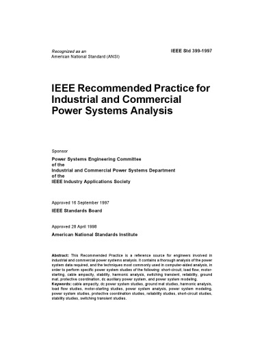 IEEE Std 399-1997, IEEE Recommended Practice for Industrial and Commercial Power Systems Analysis (The IEEE Brown Book)