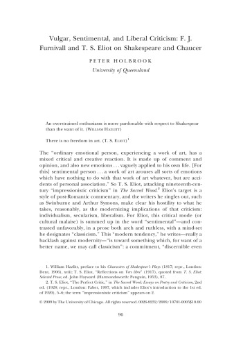 Vulgar, Sentimental, and Liberal Criticism: F. J. Furnivall and T. S. Eliot on Shakespeare and Chaucer