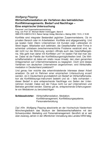 Wirtschaftsmediation als Verfahren des betrieblichen Konfliktmanagements: Bedarf und Nachfrage  Eine empirische Untersuchung