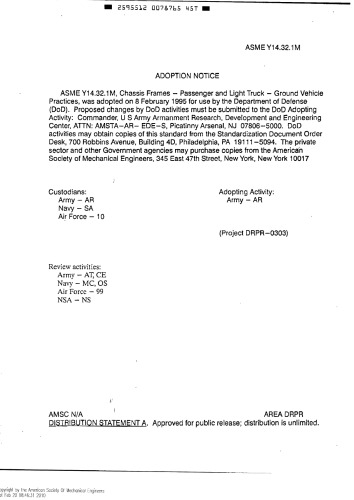 Chassis Frames, Passenger Car and Light Truck, Ground Vehicle Practices: Asme Y14.32. 1m-1994 (Revision of ANSI Y14.32.1-1974) (American National Standard ... Drawing and Related Documentation Practices)