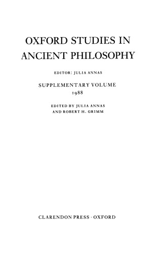 Oxford Studies in Ancient Philosophy: Supplementary Volume 1988 (Oxford Studies in Ancient Philosophy)