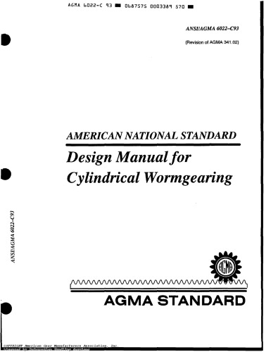 AGMA 6022-C93 Design Manual for Cylindrical Wormgearing