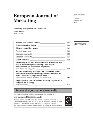 Marketing Management In Australasia (European Journal of Marketing, Volume 37, Number 3 4, 2003)