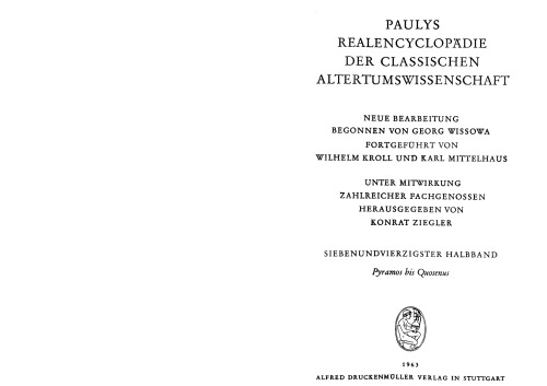 Paulys Realencyclopädie der classischen Altertumswissenschaft: neue Bearbeitung, Bd.24 : Pyramos - Quosenus: BD XXIV