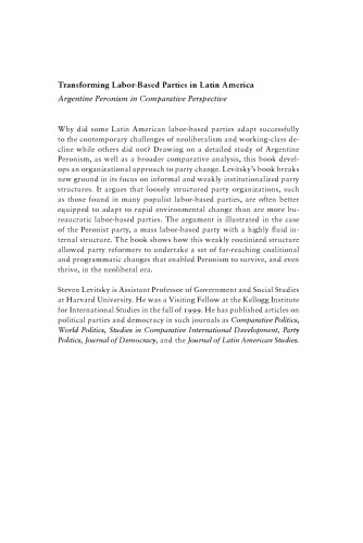 Transforming Labor-Based Parties in Latin America: Argentine Peronism in Comparative Perspective