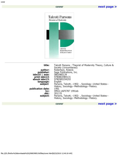 Talcott Parsons: Theorist of Modernity (Published in association with Theory, Culture & Society)