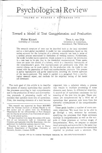 Kintsch & Van Dijk (1978) Toward a Model of Text Comprehension and Production