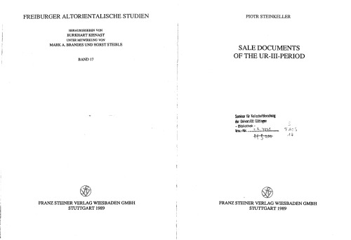 Sale documents of the Ur-III-period (Freiburger altorientalische Studien)