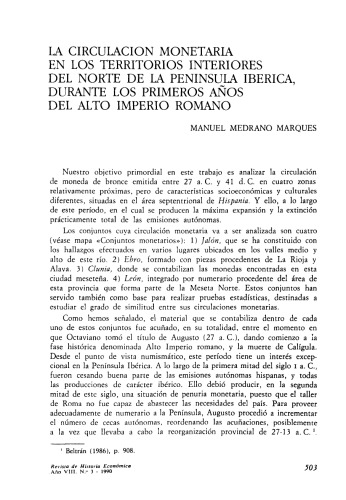 La circulación monetaria en los territórios interiores del Norte de la Península Ibérica, durante los primeros años del Alto Imperio Romano