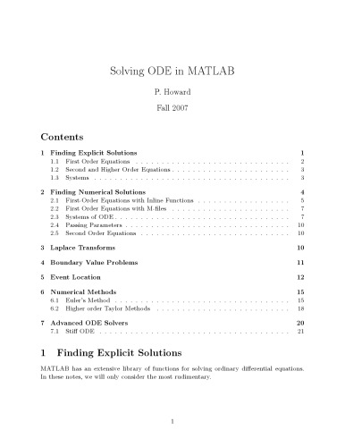 Solving Ordinary Differential Equations with Matlab