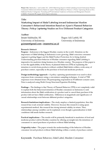 Marketing Impact of Halal Labeling toward Indonesian Muslim Consumer’s Behavioral Intention Based on Ajzen’s Planned Behavior Theory: Policy Capturing Studies on Five Different Product Categories