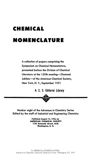 Chemical Nomenclature (Advances in Chemistry Series 008)