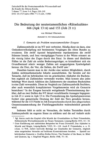 [Article] Die Bedeutung der neutestamentlichen »Rätselzahlen« 666 (Apk 13 18) und 153 (Joh 21 11)