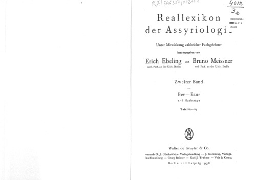 Reallexikon der Assyriologie und Vorderasiatischen Archäologie (vol. 2: Ber - Ezur und Nachträge)