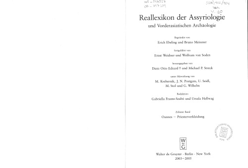 Reallexikon der Assyriologie und Vorderasiatischen Archaologie (Vol. 10: Oannes - Priesterverkleidung)