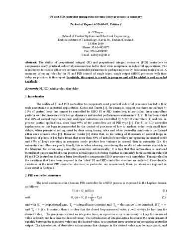 PI and PID controller tuning rules for time delay processes - a summary