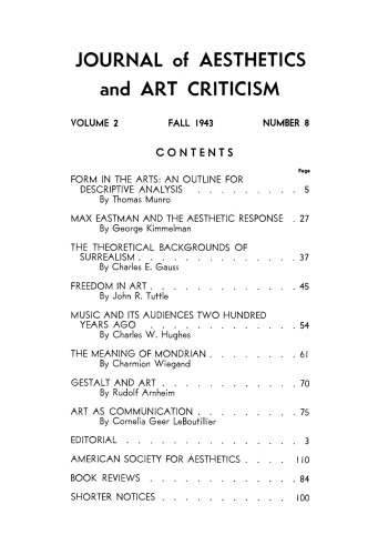 The Journal of Aesthetics and Art Criticism, Vol. 2, No. 8 (Autumn, 1943)