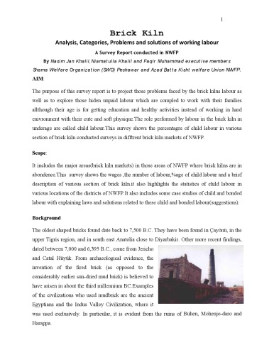 Brick Kiln Analysis, Categories, Problems and solutions of working labour  A Survey Report conducted in NWFP