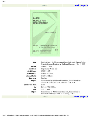 Rasch Models for Measurement (Quantitative Applications in the Social Sciences)